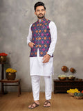 Anaita Navy Cotton Straight Kurta Pajama & Koti With Jequard Work | Grocsy