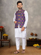 Anaita Navy Cotton Straight Kurta Pajama & Koti With Jequard Work | Grocsy