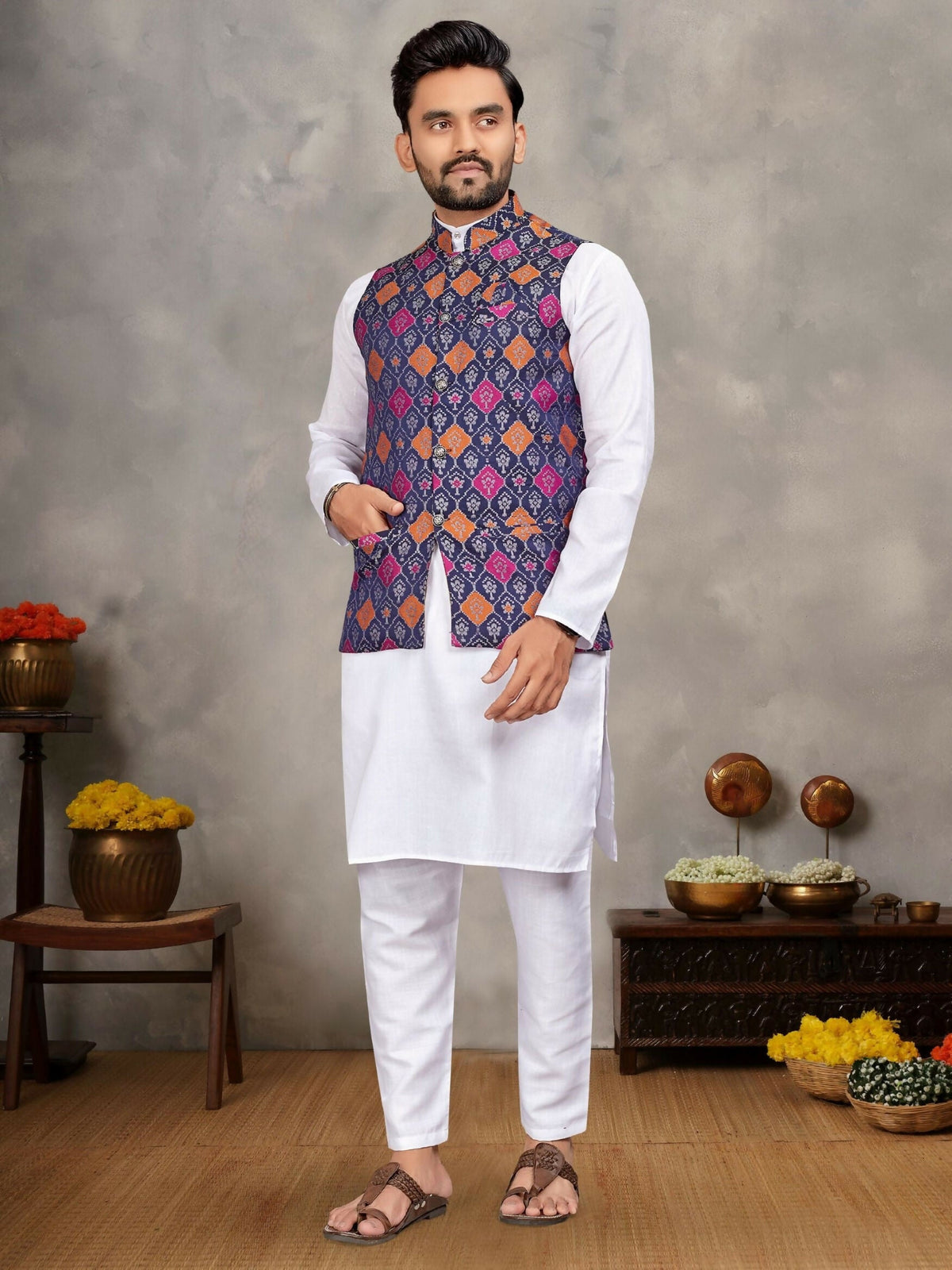 Anaita Navy Cotton Straight Kurta Pajama & Koti With Jequard Work | Grocsy