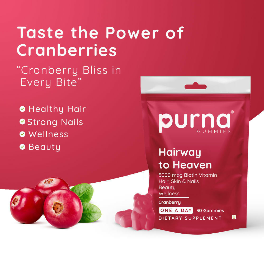 Purna Gummies Biotin Cranberry Flavour Gummies with Vitamin B 12 for Stronger Hair and Nails | Grocsy
