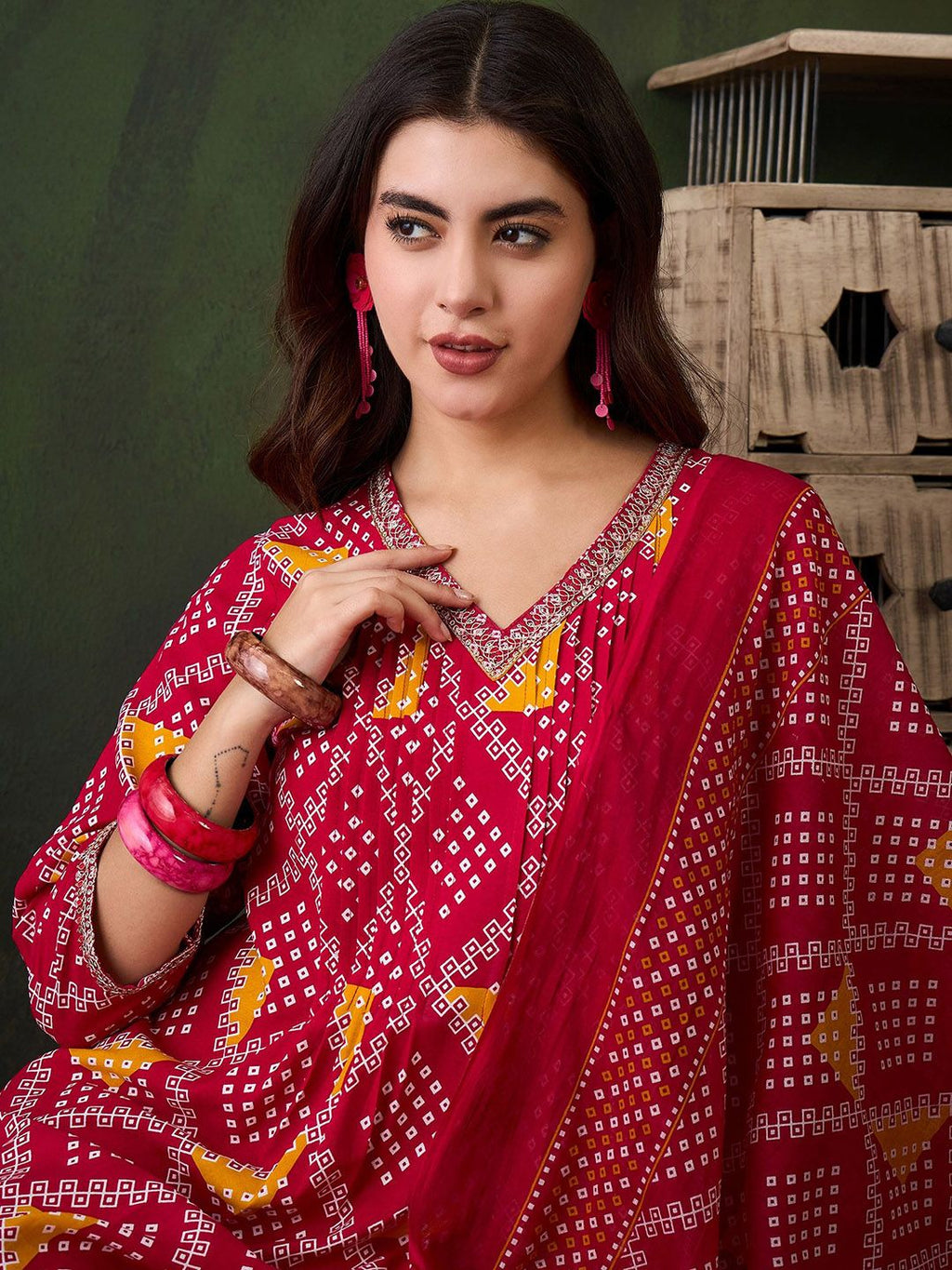 Sangria Printed V- Neck Kurta, Trouser & Dupatta Set | Grocsy
