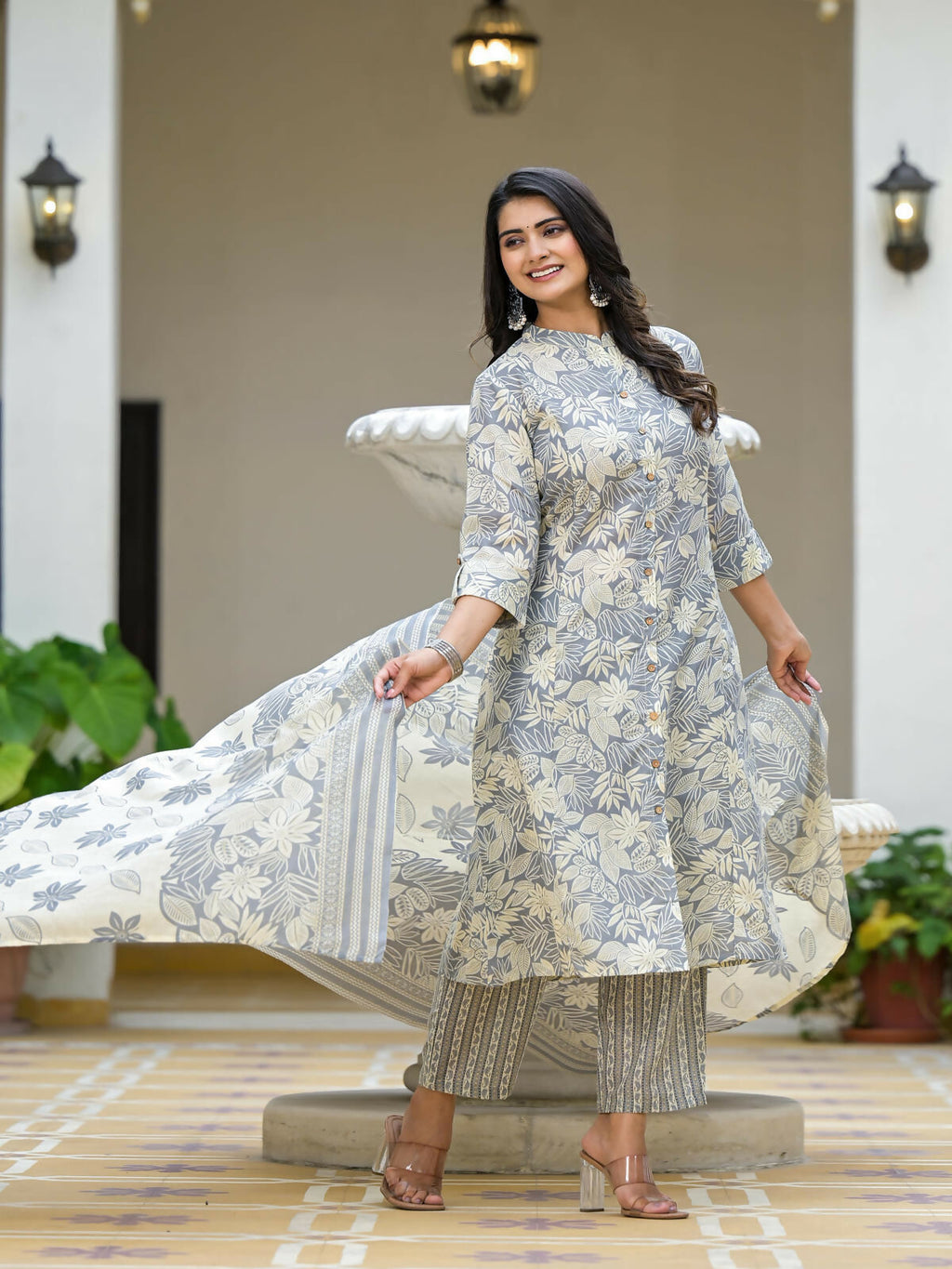 Juniper Women's Grey Floral Printed Cotton Kurta Set With Buttons | Grocsy