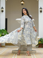 Juniper Women's Grey Floral Printed Cotton Kurta Set With Buttons | Grocsy