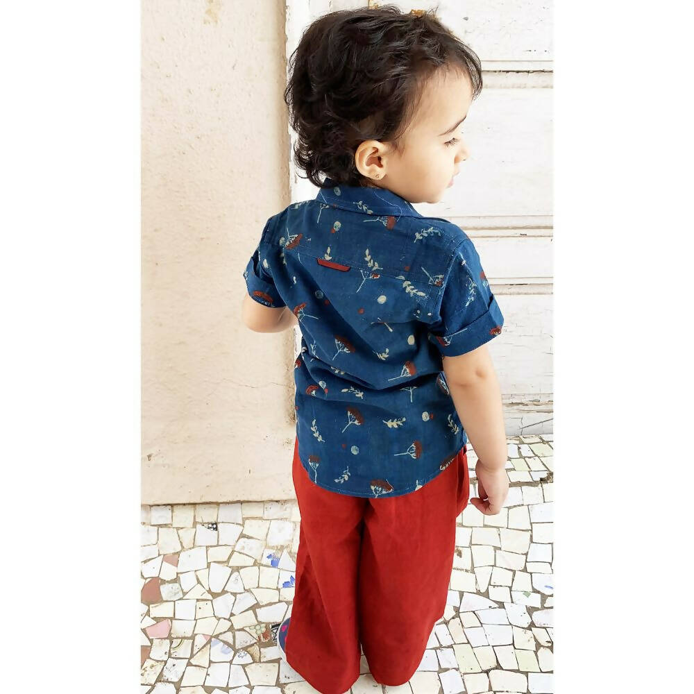 Mhyssa Half Sleeve Blue Shirt With Full Length Red Pant Set For Kids | Grocsy