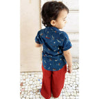 Mhyssa Half Sleeve Blue Shirt With Full Length Red Pant Set For Kids | Grocsy
