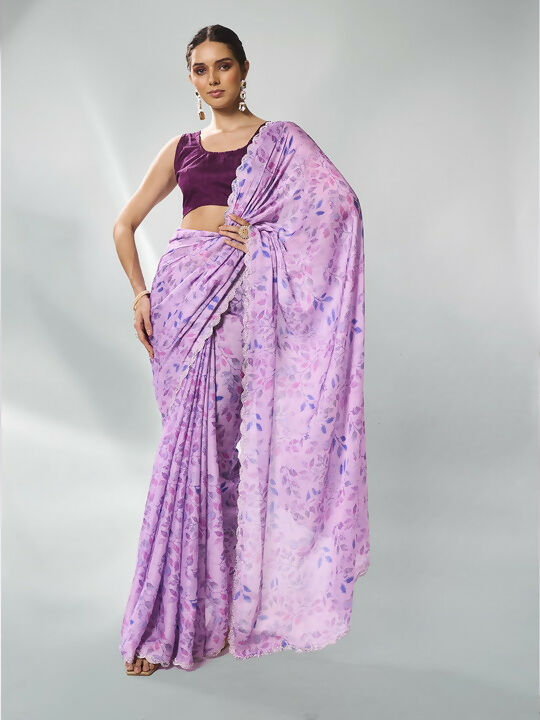 Lavender Satin Georgette Designer Printed Saree - Shezlin | Grocsy