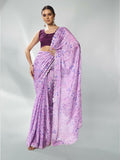 Lavender Satin Georgette Designer Printed Saree - Shezlin | Grocsy