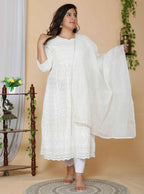 Miravan Women's Plus Size Beige Chikankari Thread Work Anarkali Kurta With Dupatta | Grocsy