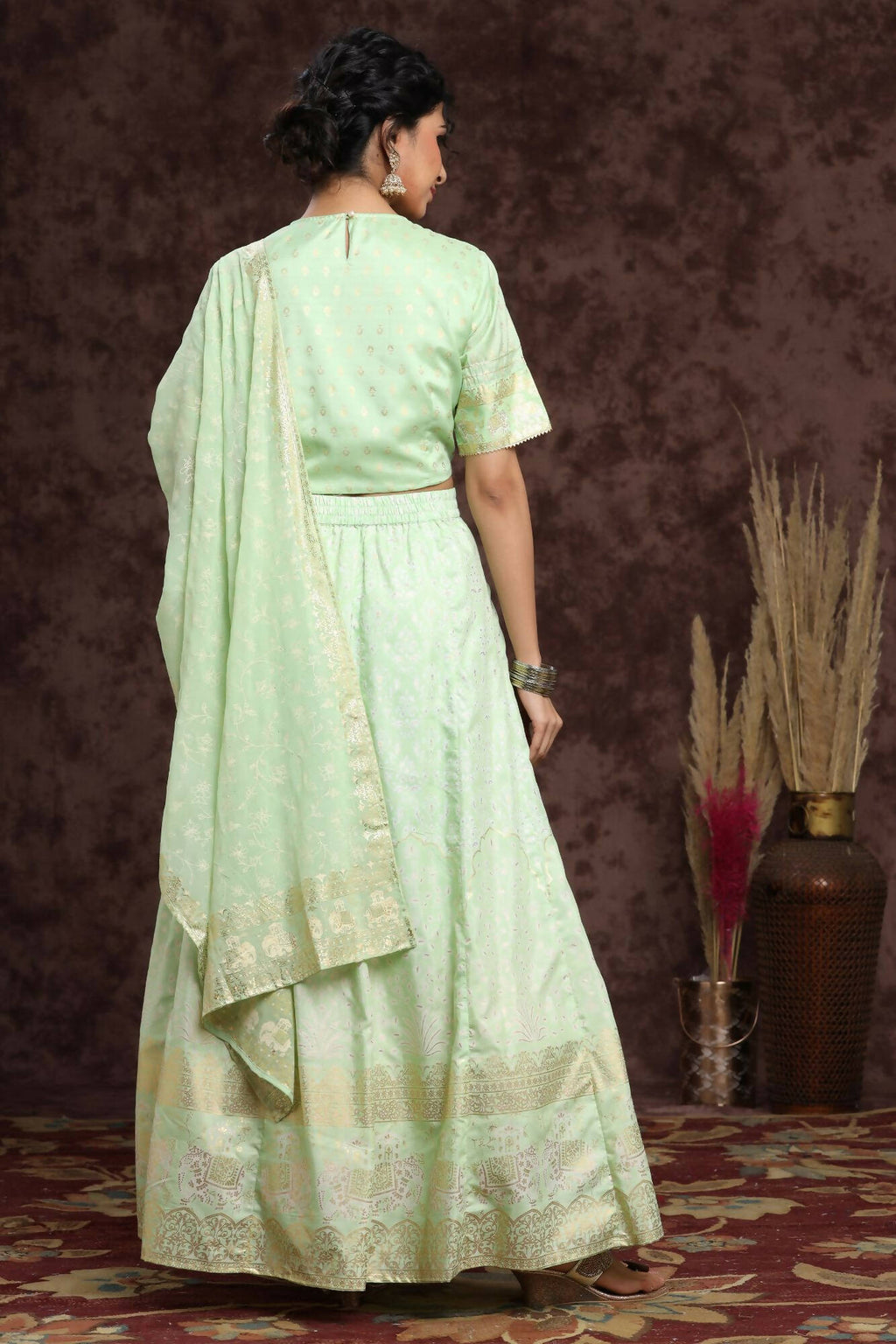 Juniper Women Mint Shantoon Embroidered Flared Lehenga Choli Sets | Grocsy