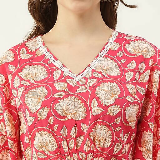 FIORRA Women's Printed Pure Cotton Kaftan Kurta - Red | Grocsy