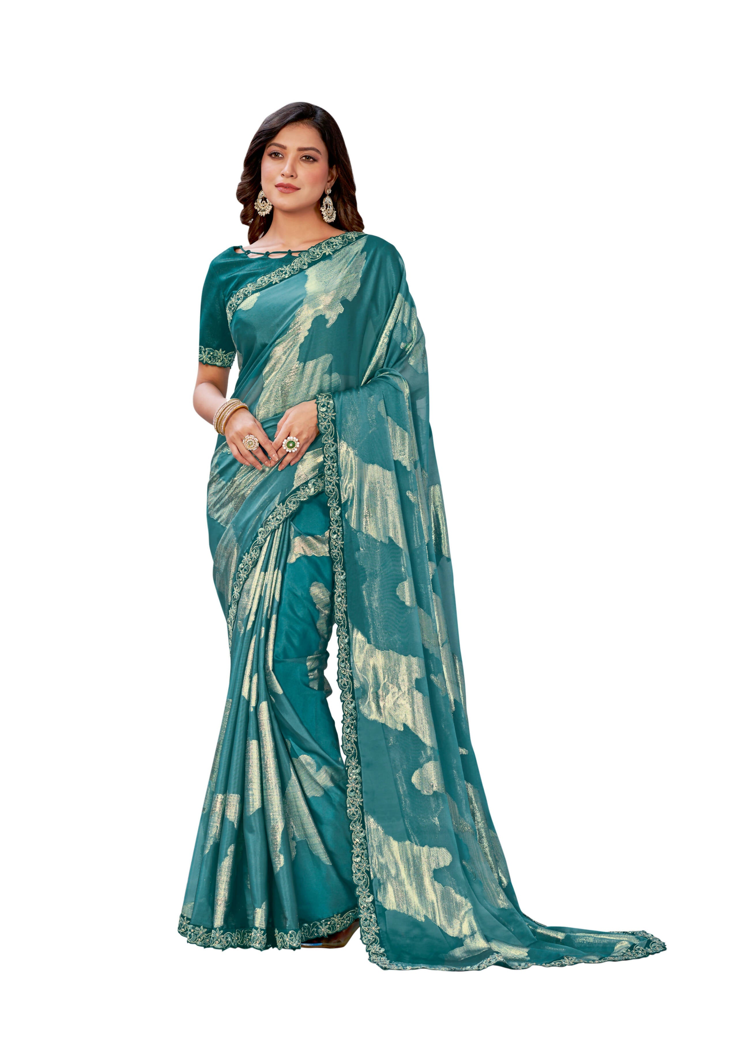 Sea Green Georgette Zari Jacquard Embroidered Border With Stone Work Saree With Unstitched Blouse Piece - Norita Zaina | Grocsy