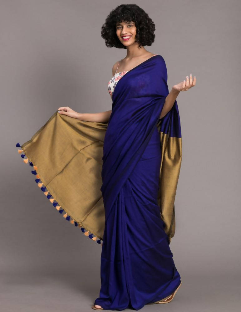Suta Navy Blue Golden Colourblocked Saree | Grocsy