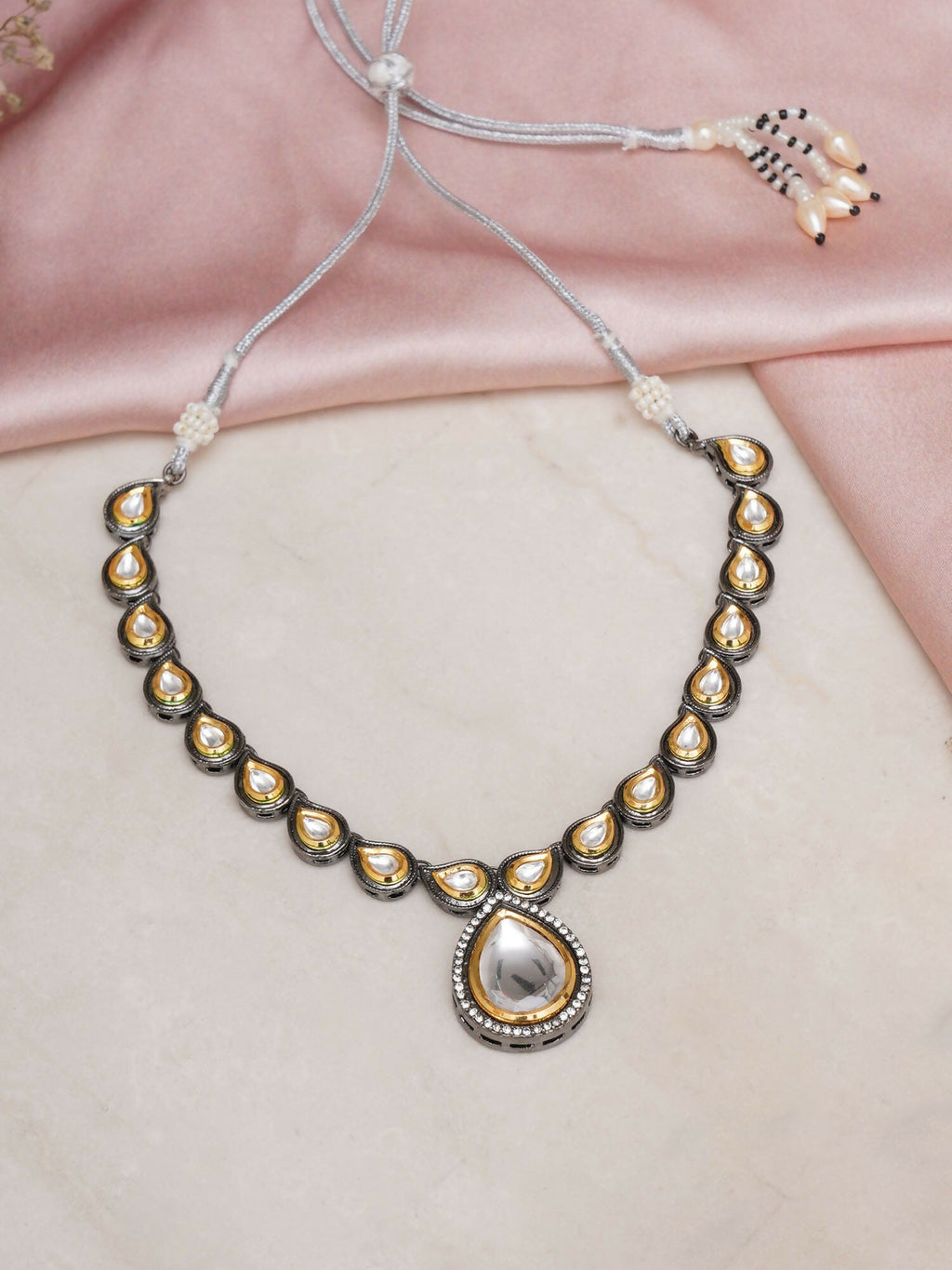 Dual Tone Kundan Neckpiece (silver) - Ruby Raang | Grocsy