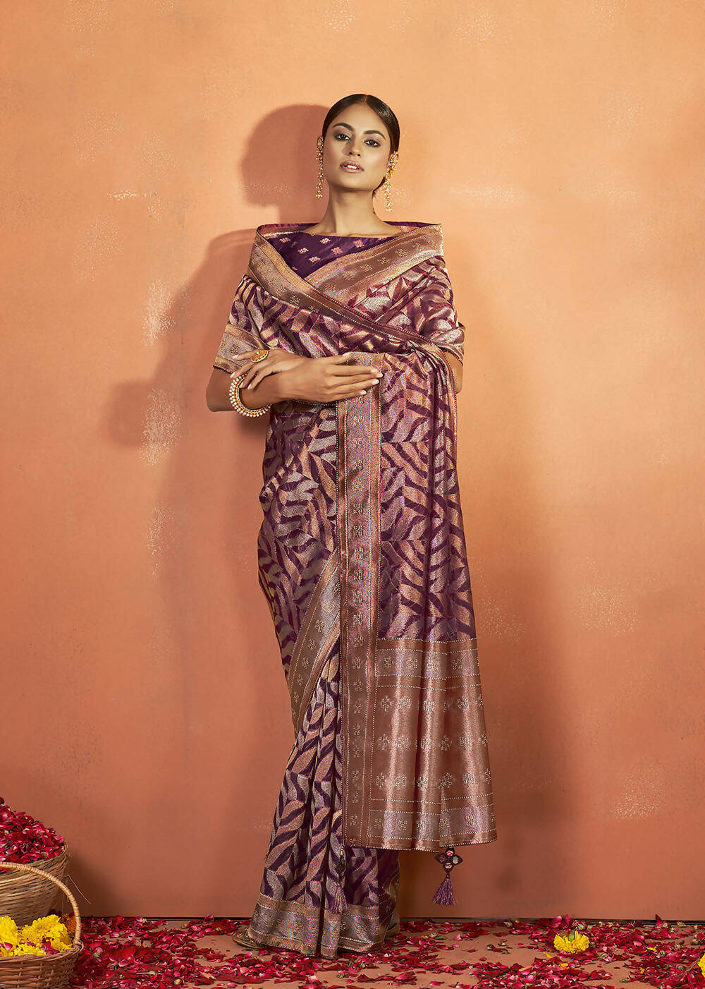 Maroon Organza Silk Woven Design Saree With Unstitched Blouse Piece - Norita Royal Pradha | Grocsy