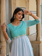 Juniper Women Teal Georgette Embroidered Maxi Dress | Grocsy