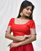 Amodini Designer Studio Red Blouse with Embellished Thread Embroidery Sleeves | Grocsy