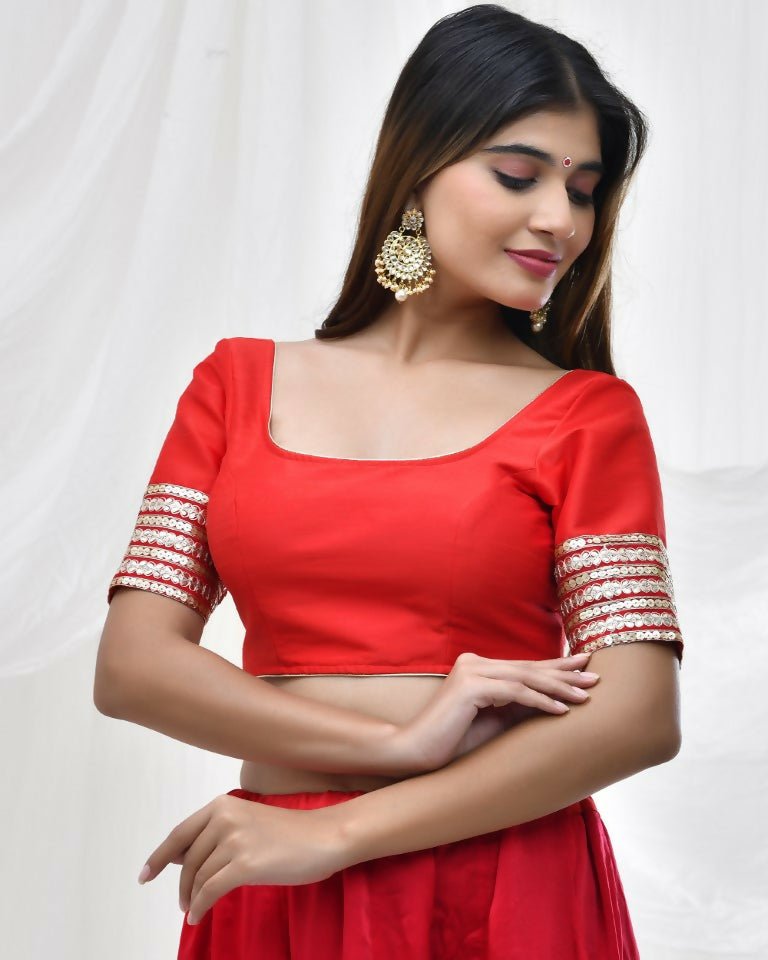 Amodini Designer Studio Red Blouse with Embellished Thread Embroidery Sleeves | Grocsy