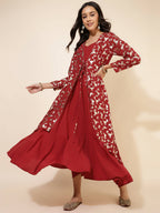 Janasya Women's Red Georgette Foil Printed Festive Flared Dress Set | Grocsy