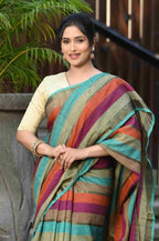 Beatitude Multicolor Cotton Stripes Golden Zari Saree | Grocsy