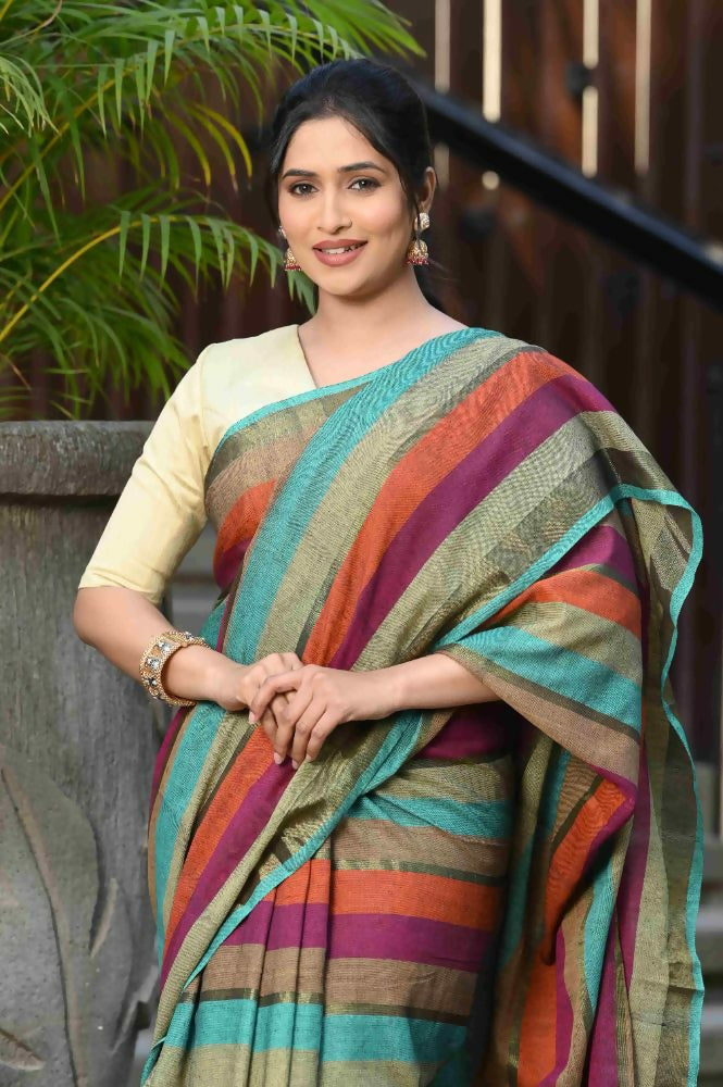 Beatitude Multicolor Cotton Stripes Golden Zari Saree | Grocsy