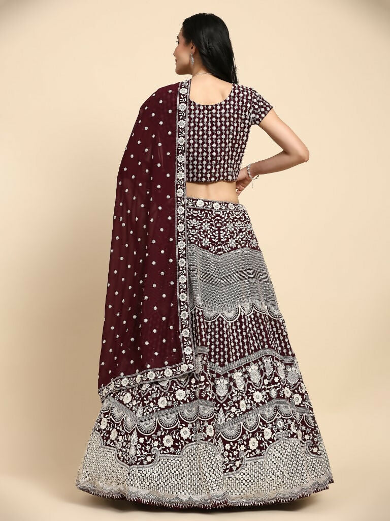 Brown Georgette Thread Embroidered Lehenga Choli with Dupatta - Tanya | Grocsy