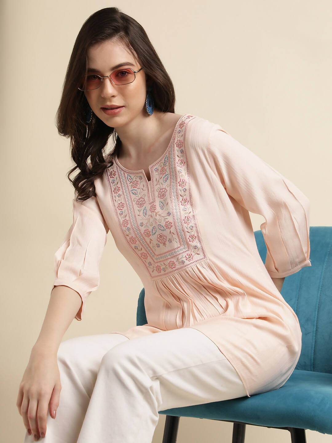 Peach Viscose Rayon Yoke Embroidered A-line Top - Tarini | Grocsy