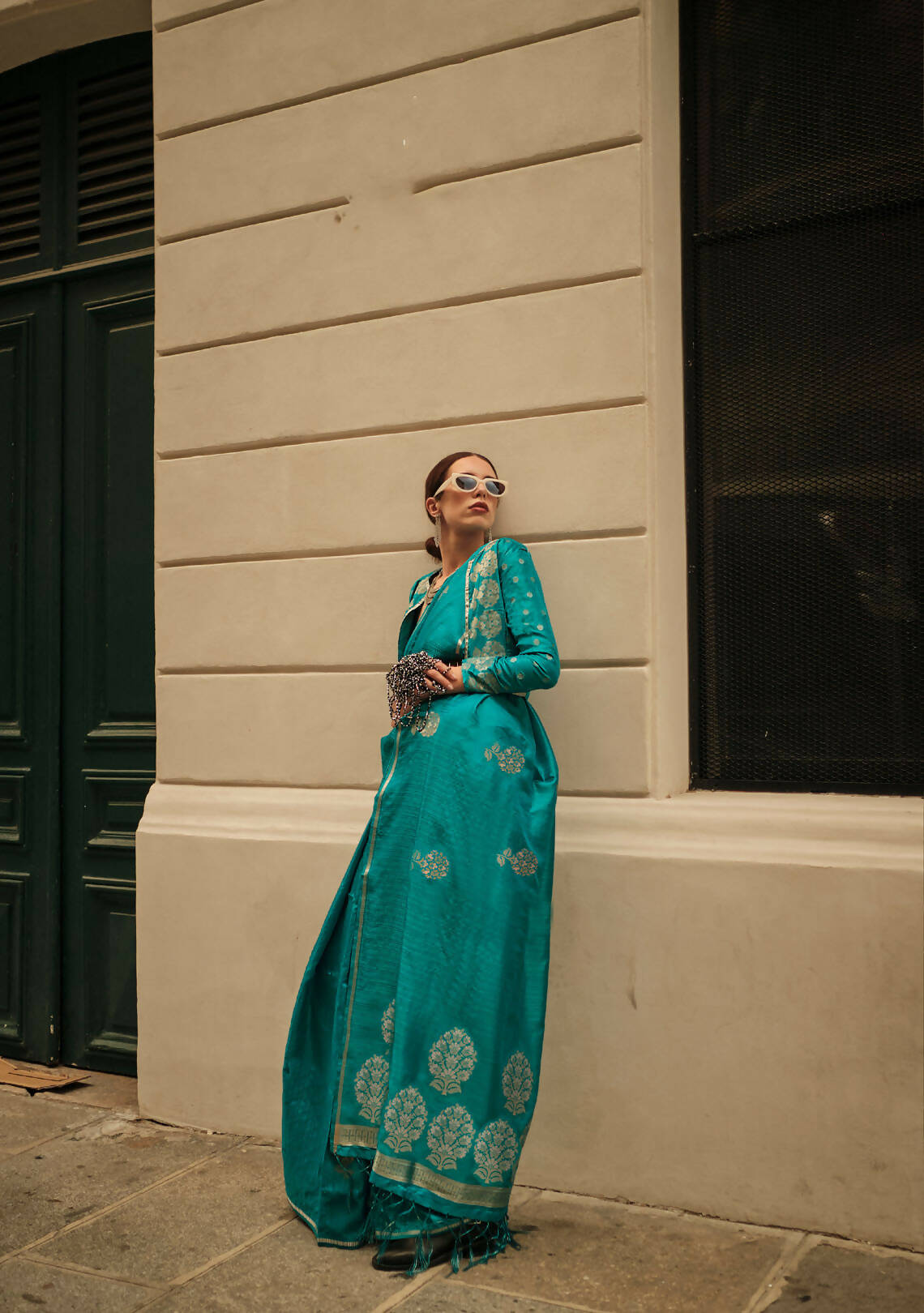 Pacific Blue Weavead Thread & Zari Work, Handloom Weaving Banarasi Satin Silk Saree - Rajtex Kronicle Silk | Grocsy