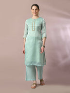 Myshka Women's Sea Green Solid Straight Party Kurta Set | Grocsy