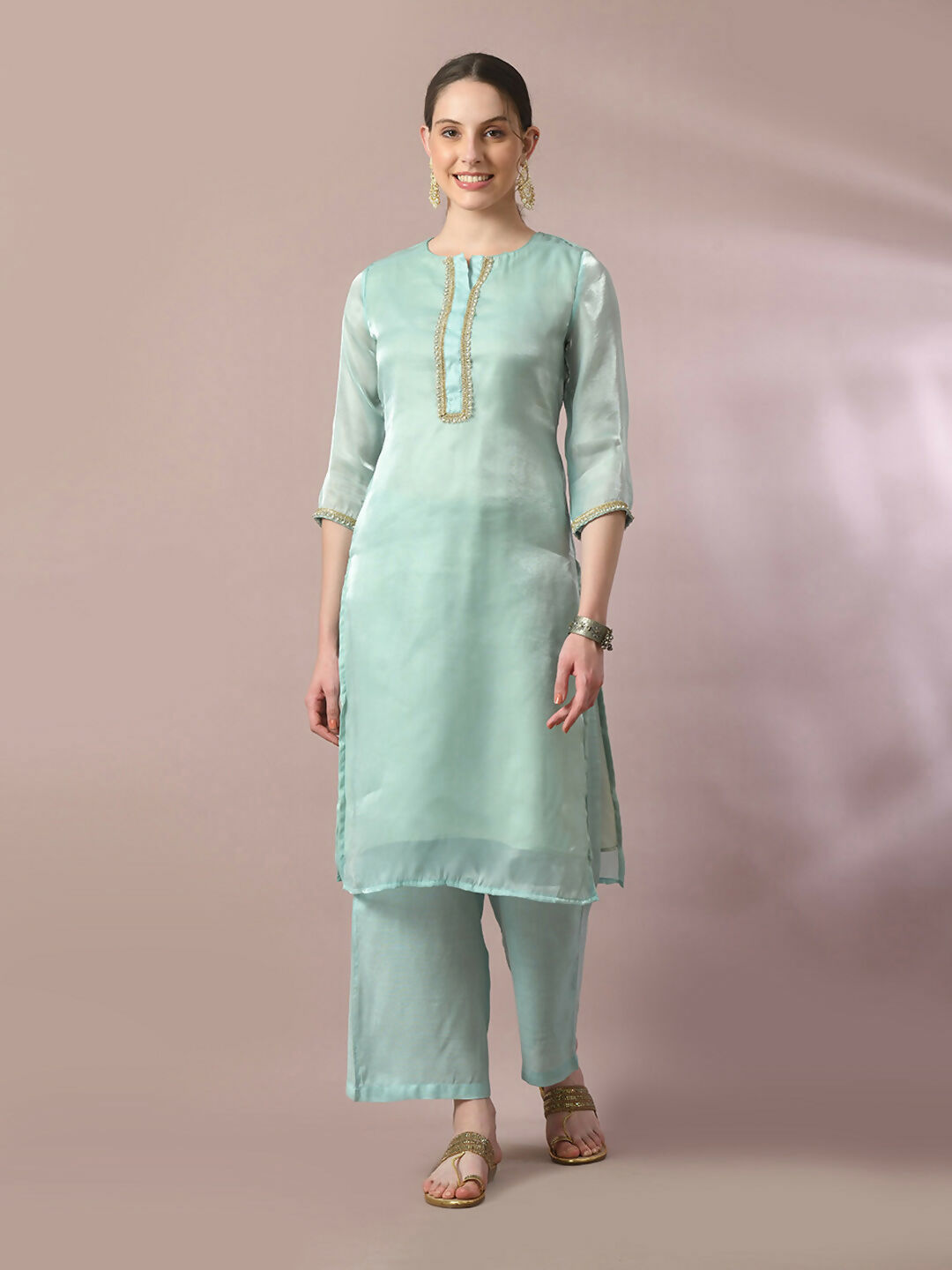 Myshka Women's Sea Green Solid Straight Party Kurta Set | Grocsy