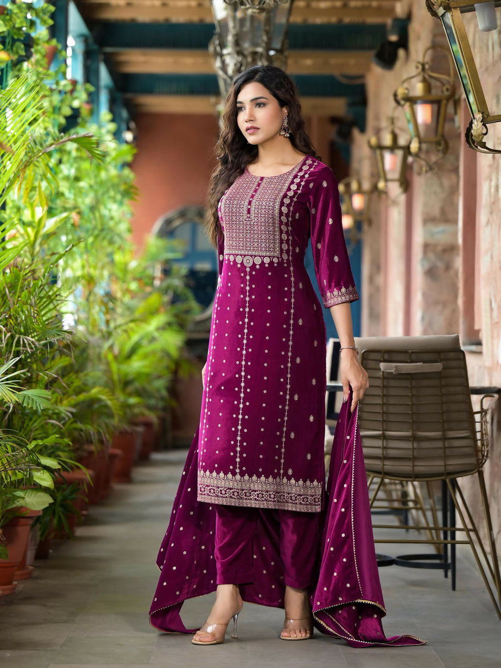 Juniper Women's Wine Ethnic Motif Printed Velvet Kurta Set With Lace | Grocsy