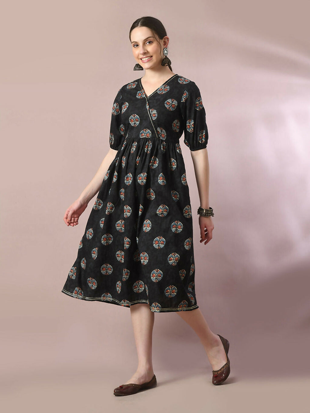 Myshka Women's Black Printed Cotton V-Neck Empire Party Dress | Grocsy