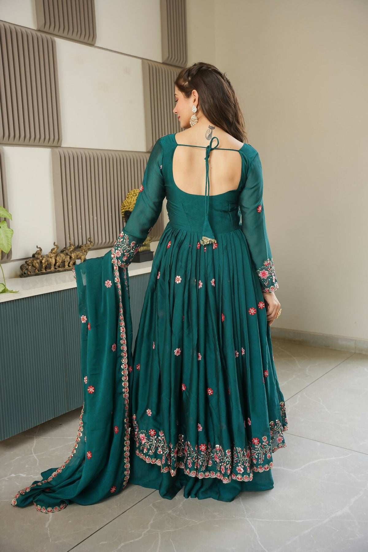 Teeya Creation Rama Color Heavy Crush Silk Wedding Wear Embroidery Work Long Gown | Grocsy