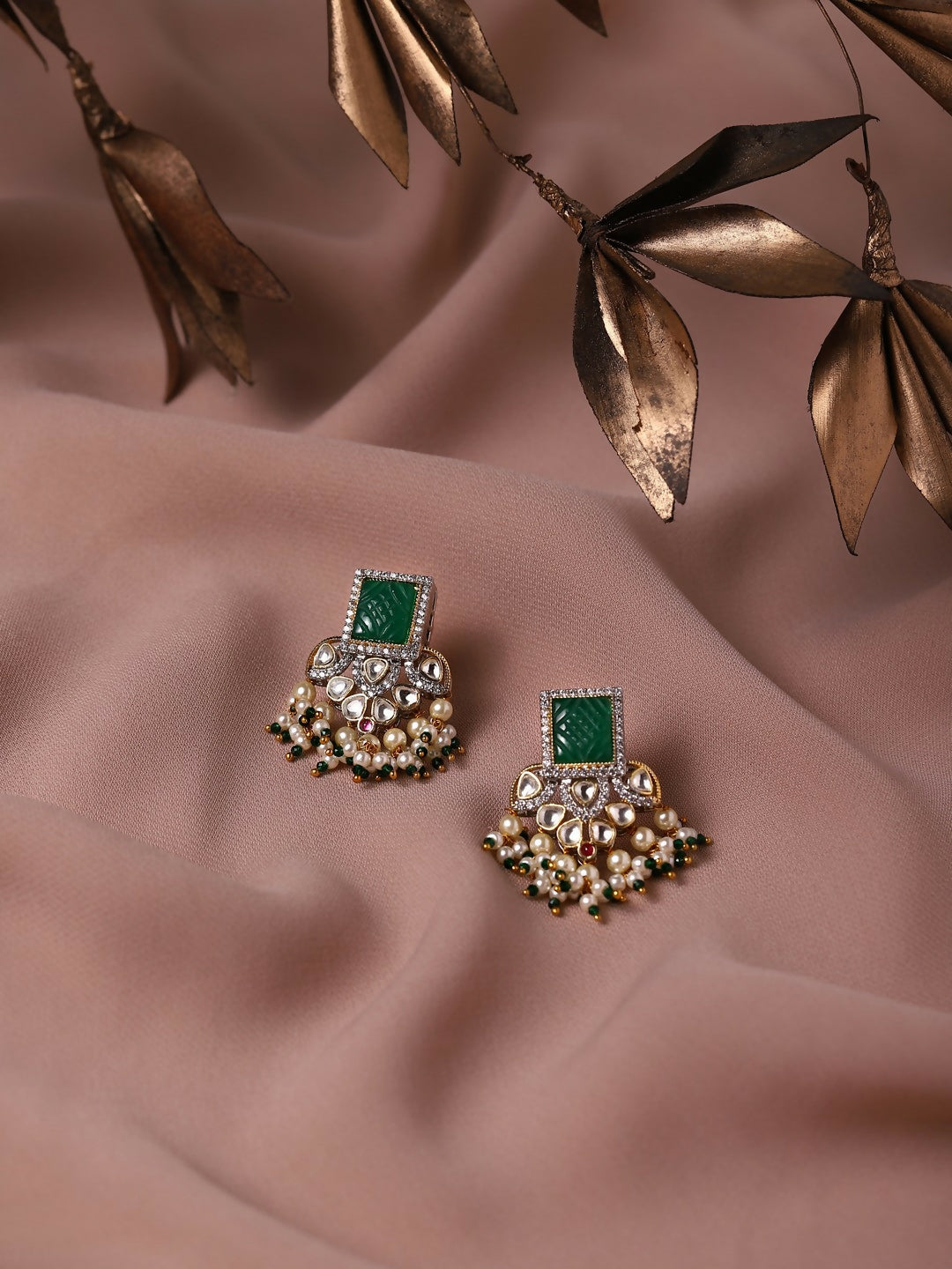 Diamond & Semi Precious Stone Green Earrings- Ruby Raang | Grocsy