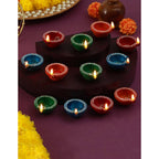 Tied Ribbons Red Blue Pack of 12 Handcrafted Terracotta Clay Oil Diya | Grocsy