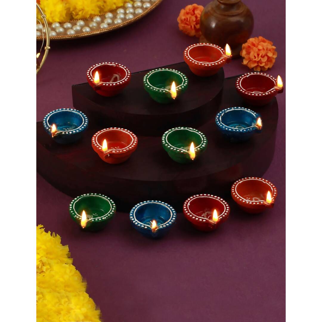 Tied Ribbons Red Blue Pack of 12 Handcrafted Terracotta Clay Oil Diya | Grocsy