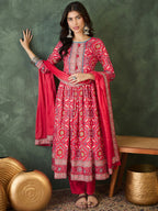 The52 Women's Beautiful Printed Work Rayon Fabric Flared Kurta Pant and Dupatta Set-Red | Grocsy