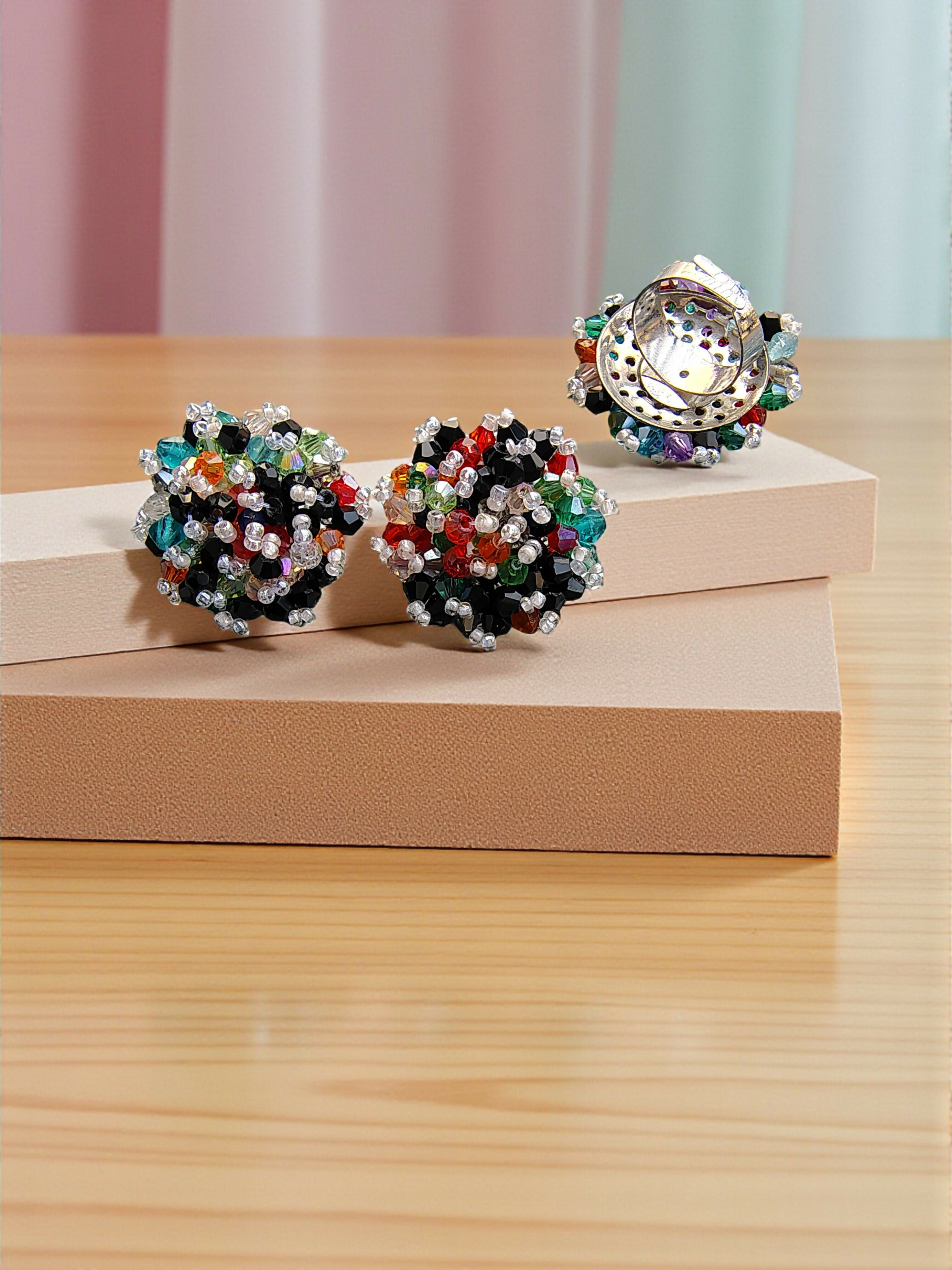 Inhanns Rangmani Crystal Duo – Adjustable Ring + Statement Earrings Set - Multicolor 1 | Grocsy
