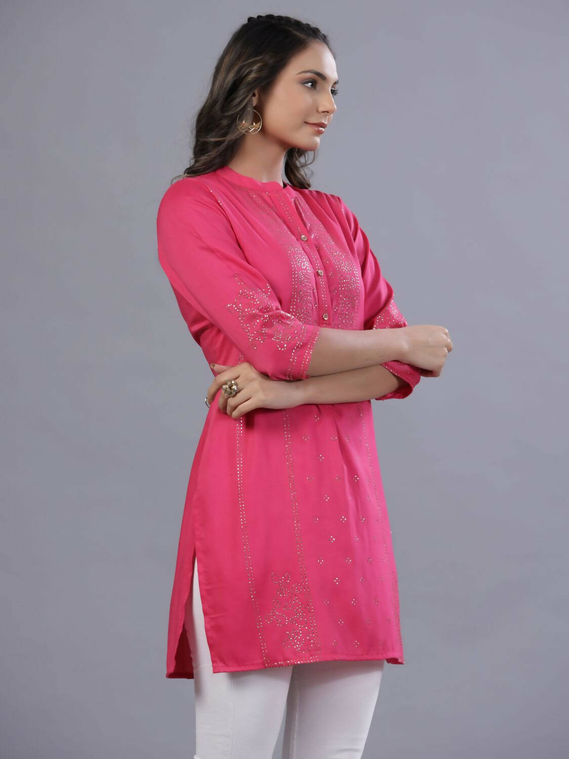 Juniper Women Fuchsia Chinon Silk Mukesh Work Straight Tunic | Grocsy