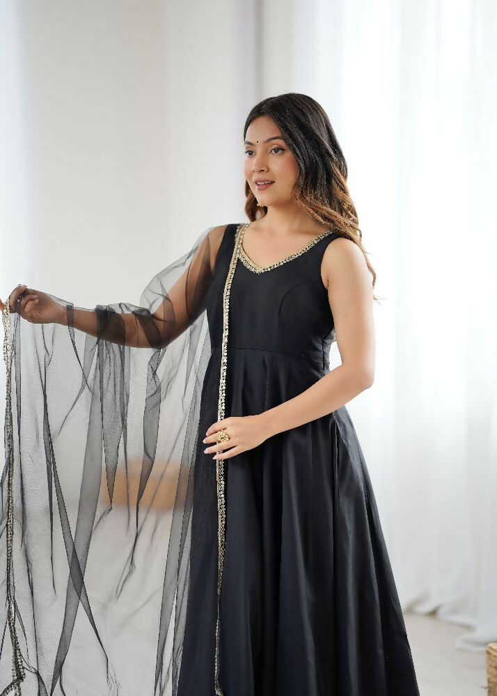 Joban Fashion Black Kurta Set Chanderi Sequence Embroidery Work | Grocsy