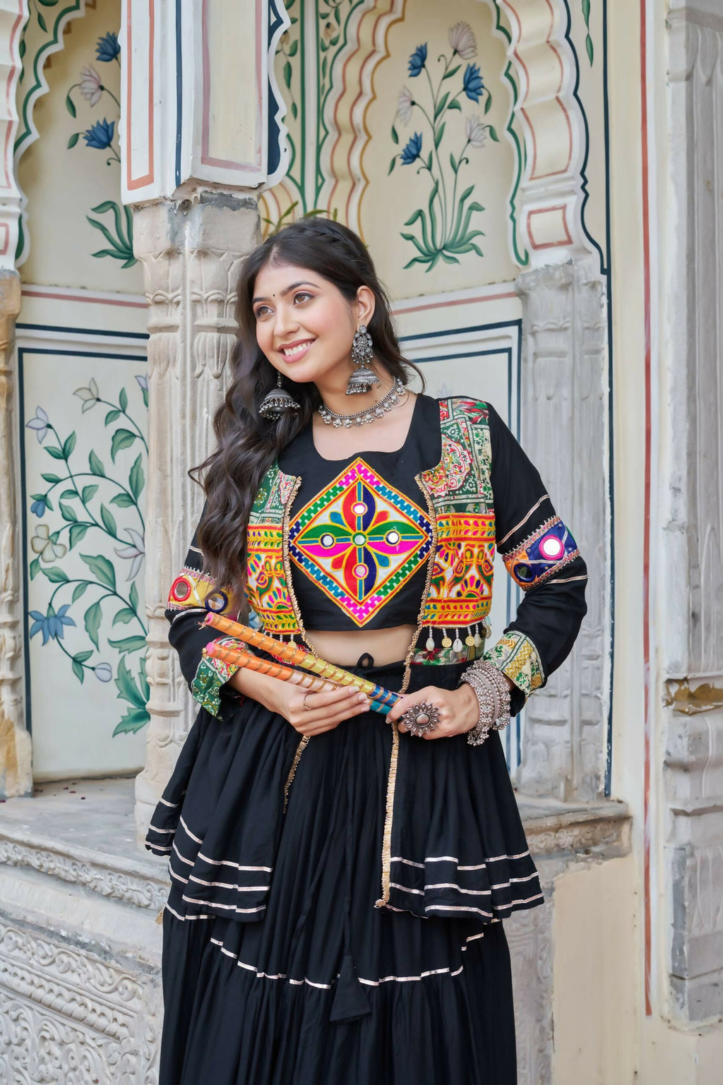 Teeya Creation Womens New Stylish Heavy Gamthi Work With Mirror Lace Work Black Gown Set | Grocsy