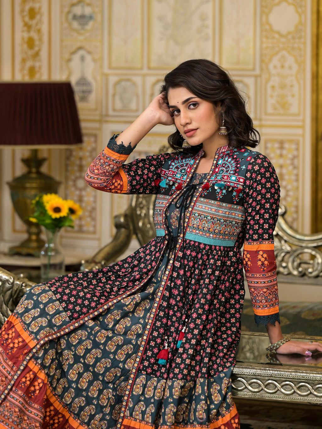 Juniper Women's Black Ethnic Motif Printed Cotton Dress With Coins Thread & Mirror Work | Grocsy