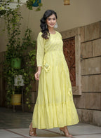 Kaajh Women's Yellow Mirror Embroidered Cotton Dress | Grocsy