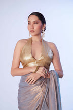 Lavender Satin Gold Organza Solid Designer & Lace Work Saree - Samaa | Grocsy