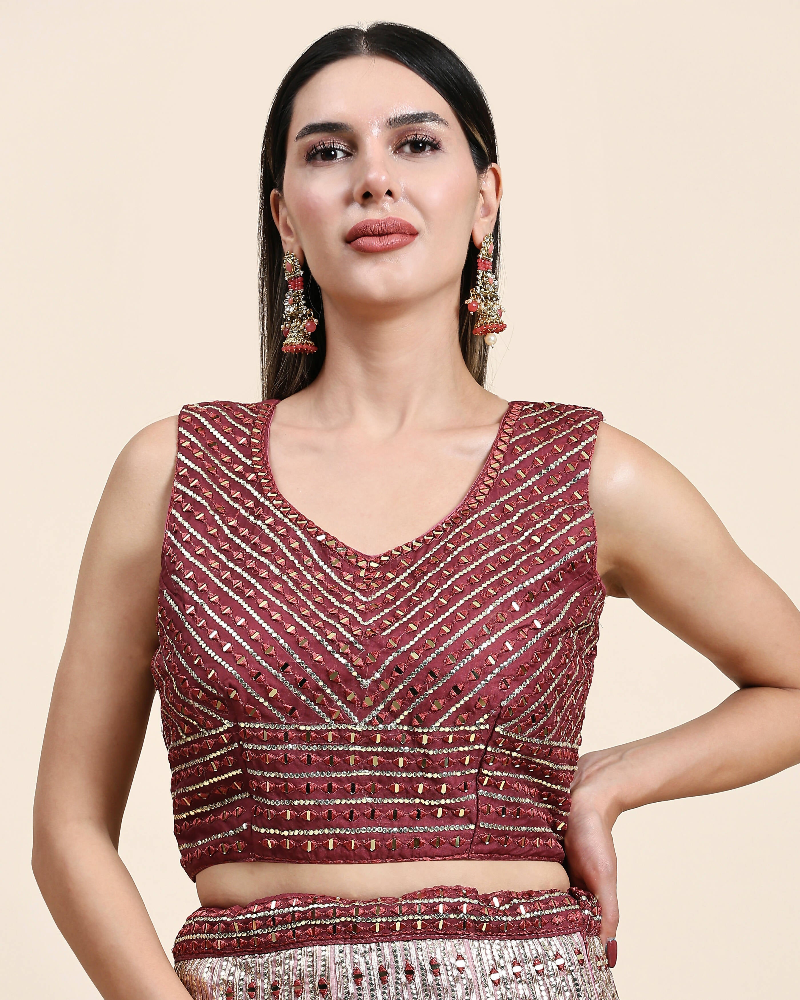 Maroon Organza Mirror With Coding Work Lehenga Choli with Dupatta - Tanya | Grocsy