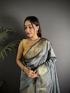 Joban Fashion Grey Banarasi Cotton Silk Woven Saree | Grocsy