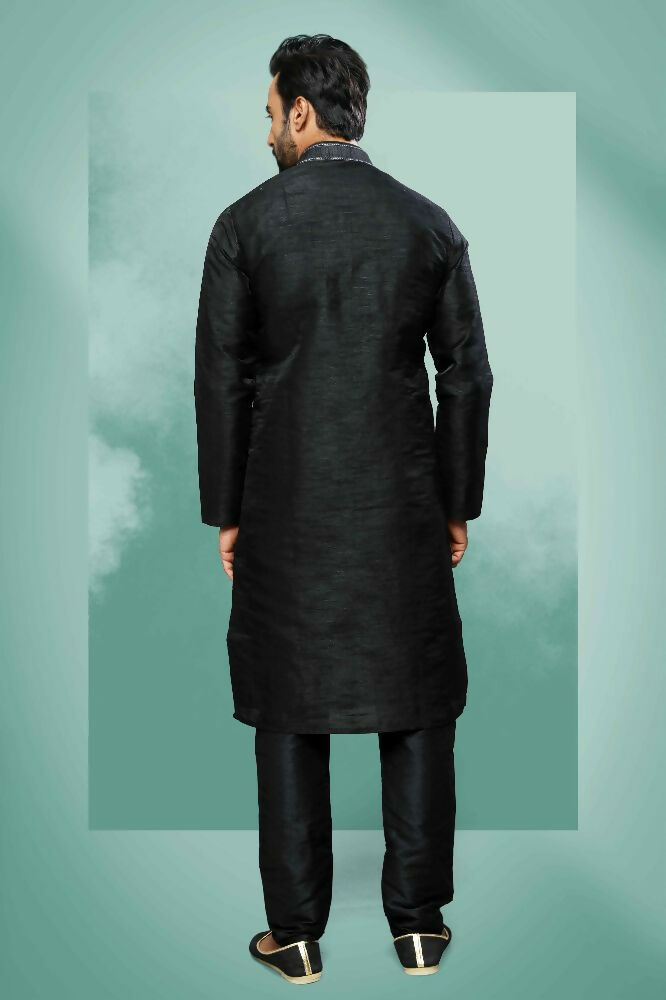 Raivat Ethnic Art Silk Mirror Embroidery Work Kurta Pajama In Black Colour | Grocsy
