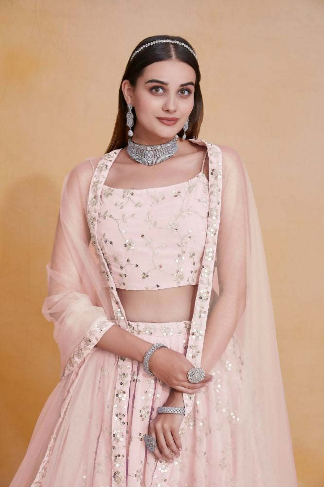 Peach Georgette Zari,Sequence Embroidery Work Lehenga Choli - Jihu Culture | Grocsy