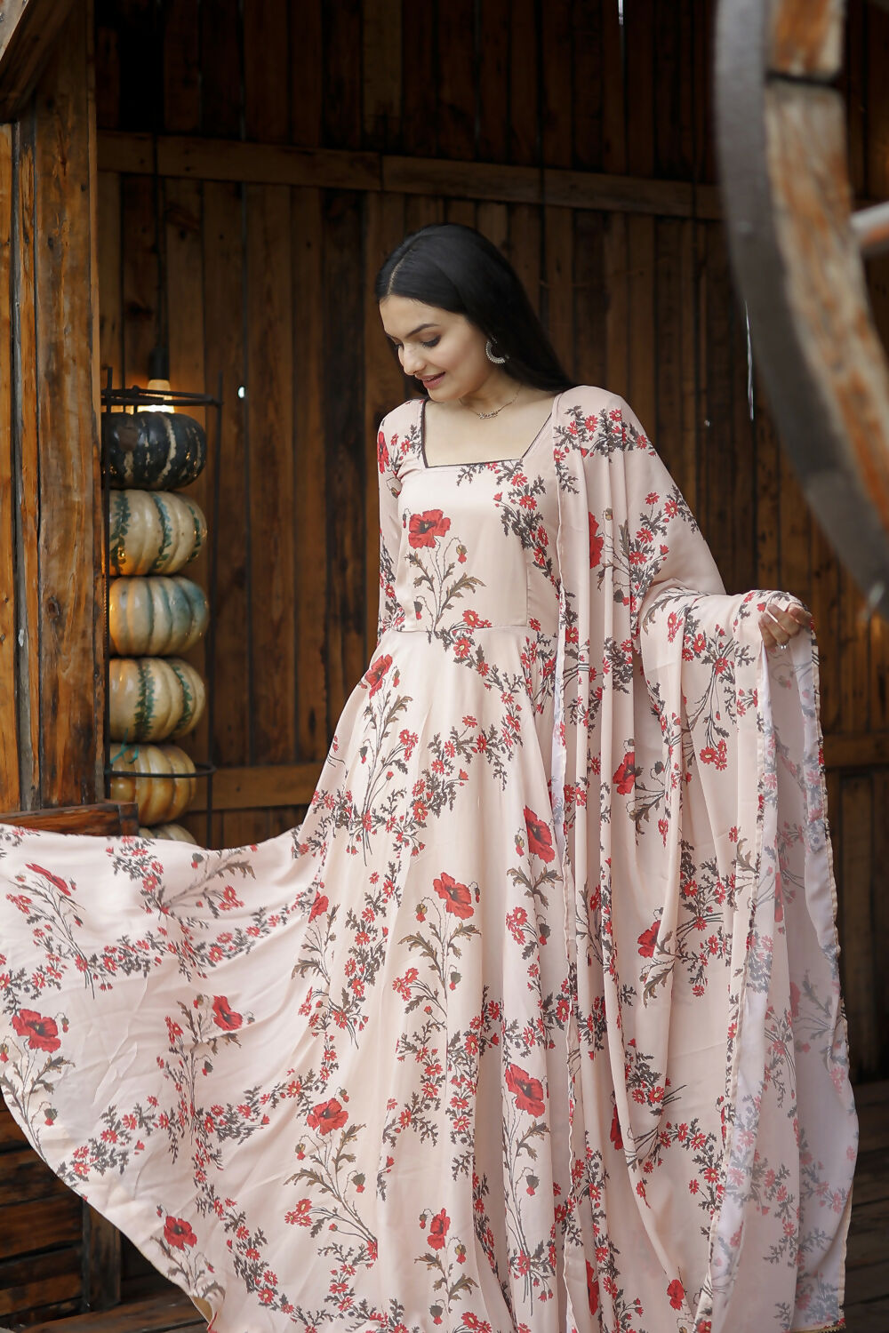 Aayaa Designer Printed Georgette Full Flare Gown With Dupatta - Multi Color | Grocsy