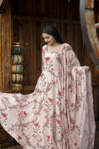 Aayaa Designer Printed Georgette Full Flare Gown With Dupatta - Multi Color | Grocsy