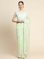 Vamsee Banno Lehriya Yellow Organza Saree | Grocsy
